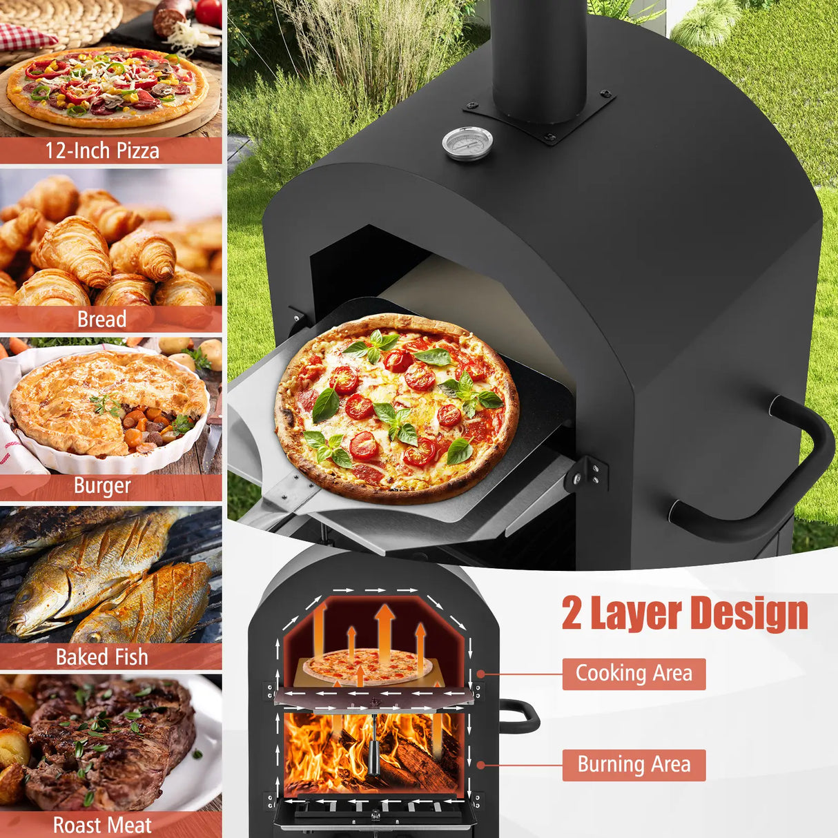 Wood-fired pizza oven freestanding garden grill with 2 wheels robust pizza grill for outdoor use