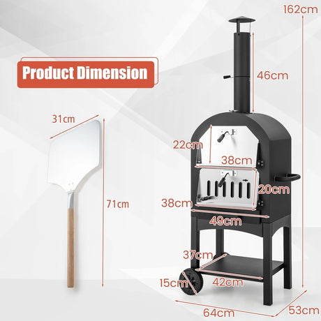 Wood-fired pizza oven freestanding garden grill with 2 wheels robust pizza grill for outdoor use