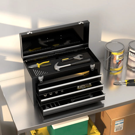 Portable Metal Tool Box with 3 Drawers and Storage Tray, Tool Case 52cm Black