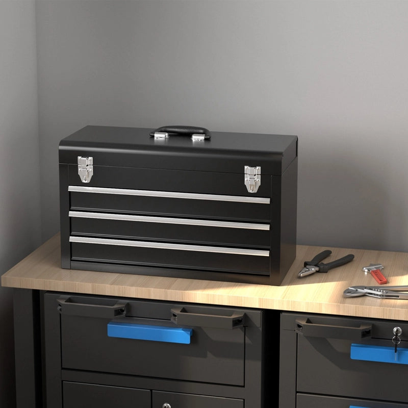 Portable Metal Tool Box with 3 Drawers and Storage Tray, Tool Case 52cm Black