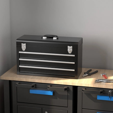 Portable Metal Tool Box with 3 Drawers and Storage Tray, Tool Case 52cm Black