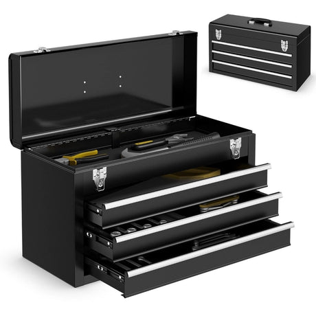 Portable Metal Tool Box with 3 Drawers and Storage Tray, Tool Case 52cm Black