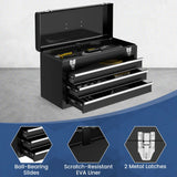 Portable Metal Tool Box with 3 Drawers and Storage Tray, Tool Case 52cm Black
