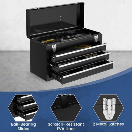 Portable Metal Tool Box with 3 Drawers and Storage Tray, Tool Case 52cm Black