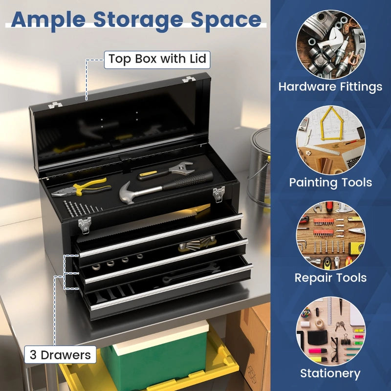 Portable Metal Tool Box with 3 Drawers and Storage Tray, Tool Case 52cm Black