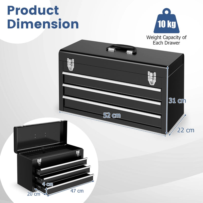 Portable Metal Tool Box with 3 Drawers and Storage Tray, Tool Case 52cm Black