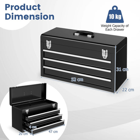 Portable Metal Tool Box with 3 Drawers and Storage Tray, Tool Case 52cm Black