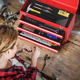 Portable Steel Tool Box with 3 Drawers and Top Storage Tray-Red