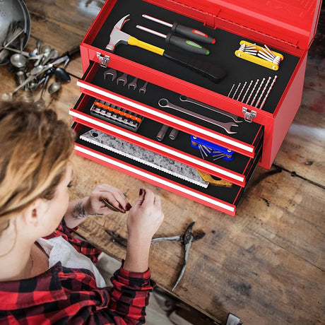 Portable Steel Tool Box with 3 Drawers and Top Storage Tray-Red