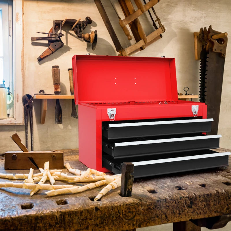 Portable Steel Tool Box with 3 Drawers and Top Storage Tray-Red &amp; Black