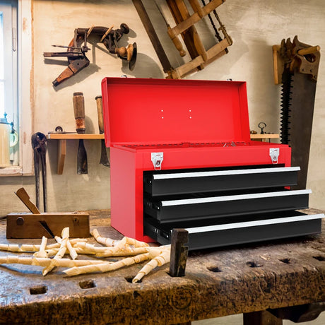 Portable Steel Tool Box with 3 Drawers and Top Storage Tray-Red &amp; Black