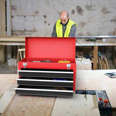 Portable Steel Tool Box with 3 Drawers and Top Storage Tray-Red &amp; Black