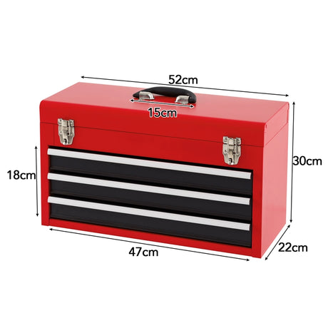 Portable Steel Tool Box with 3 Drawers and Top Storage Tray-Red &amp; Black