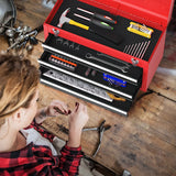 Portable Steel Tool Box with 3 Drawers and Top Storage Tray-Red &amp; Black