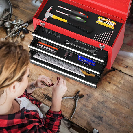 Portable Steel Tool Box with 3 Drawers and Top Storage Tray-Red &amp; Black