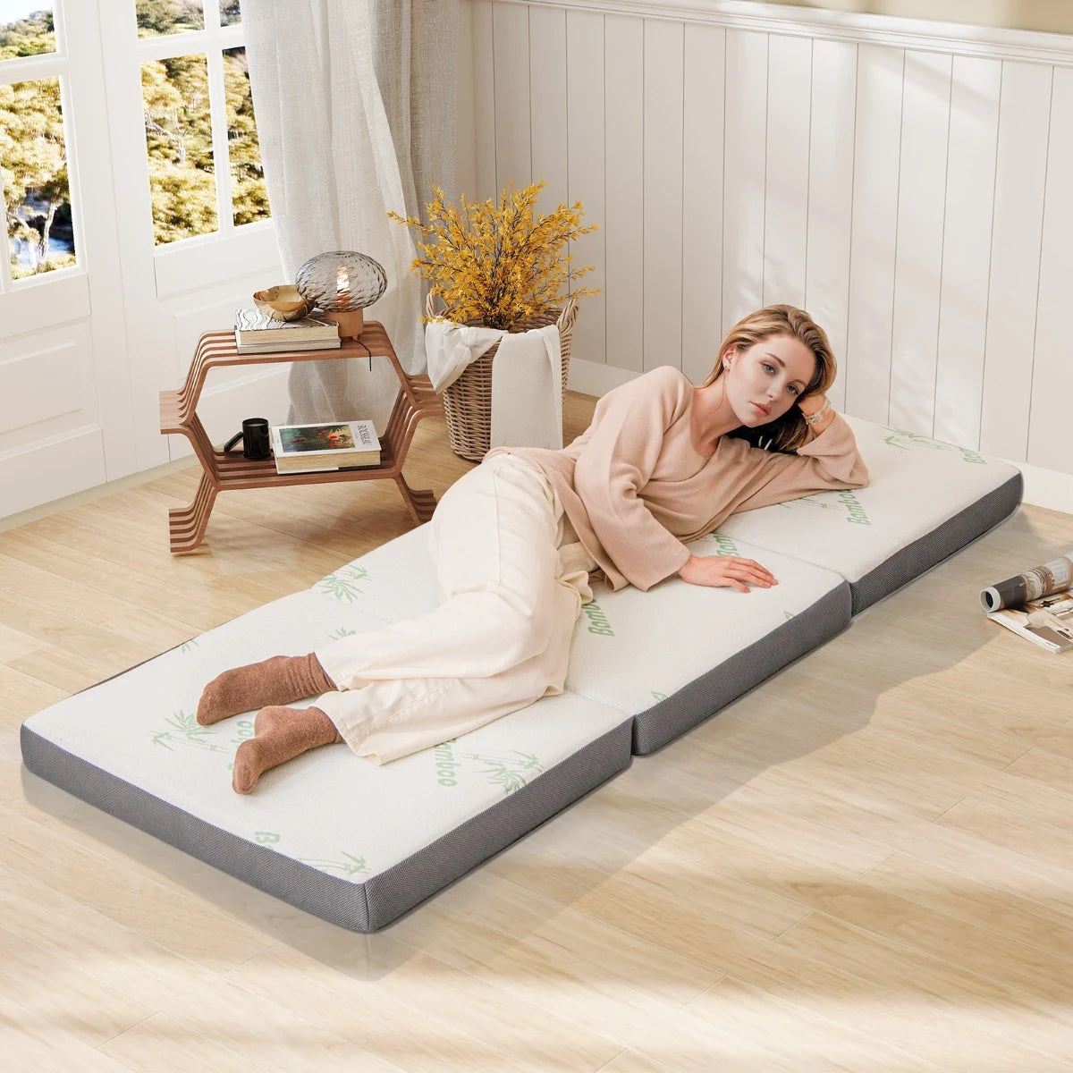 76 x 31 x 4 Inch Tri Folding Foam Mattress with Bamboo Fiber Cover and Handle-Gray