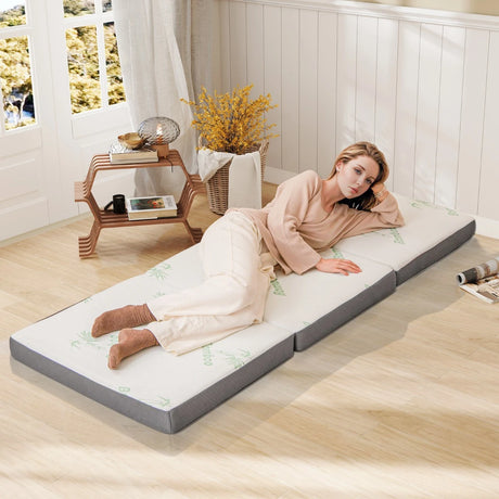 76 x 31 x 4 Inch Tri Folding Foam Mattress with Bamboo Fiber Cover and Handle-Gray