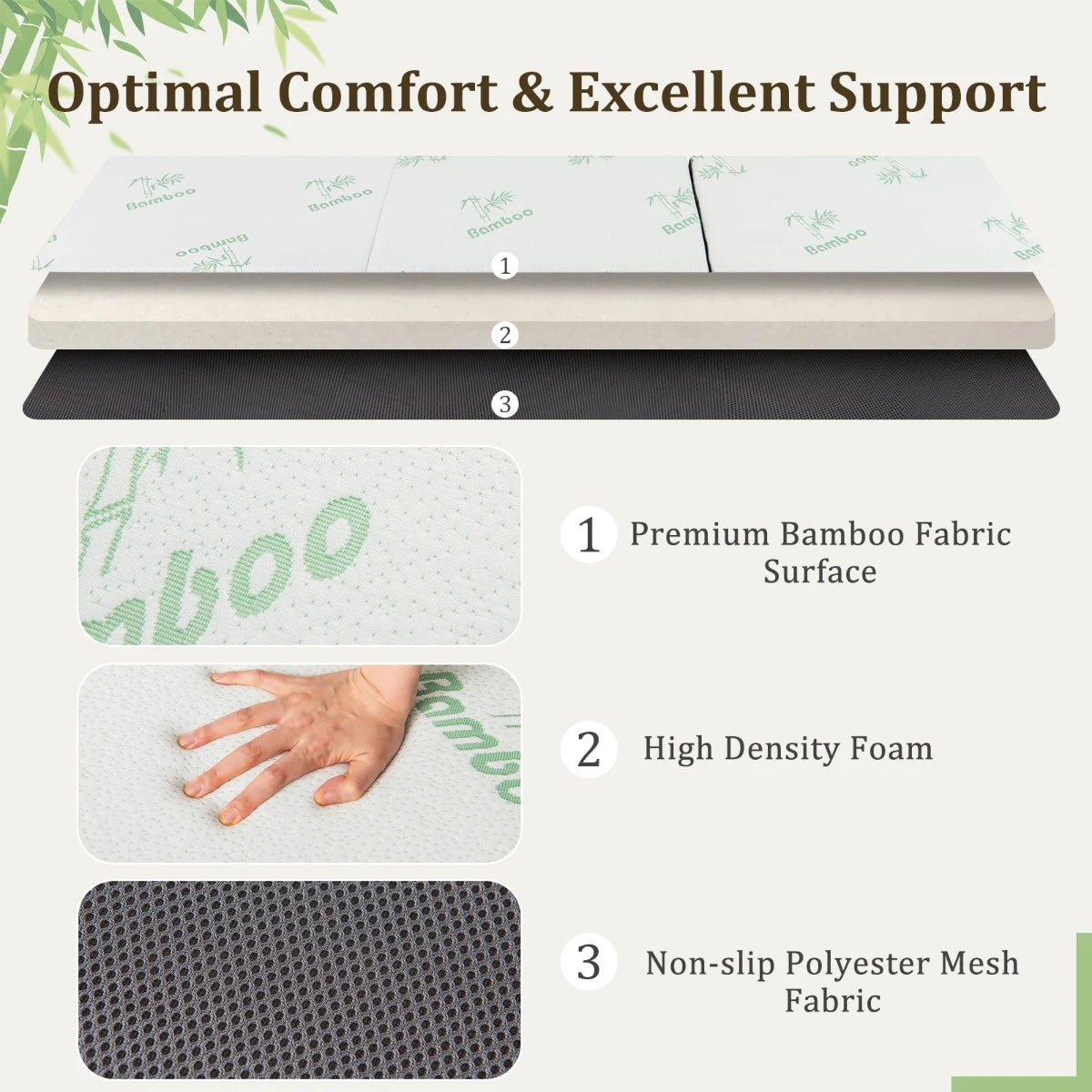 76 x 31 x 4 Inch Tri Folding Foam Mattress with Bamboo Fiber Cover and Handle-Gray