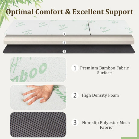 76 x 31 x 4 Inch Tri Folding Foam Mattress with Bamboo Fiber Cover and Handle-Gray