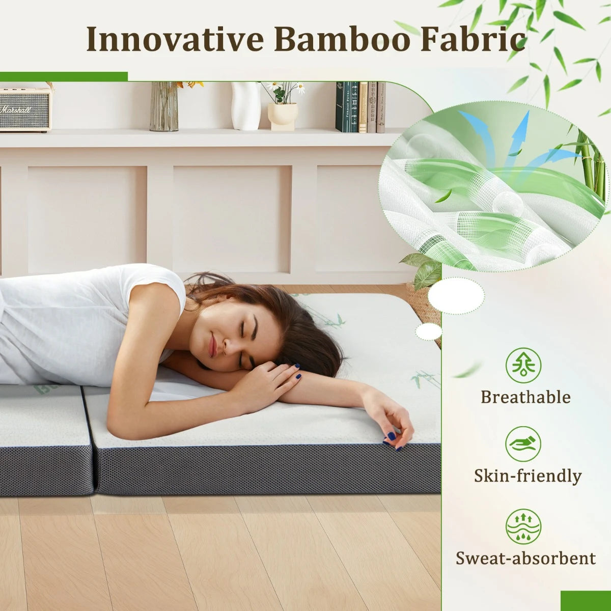 76 x 31 x 4 Inch Tri Folding Foam Mattress with Bamboo Fiber Cover and Handle-Gray