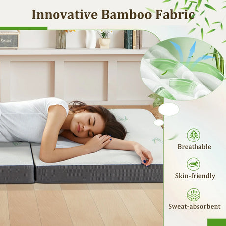 76 x 31 x 4 Inch Tri Folding Foam Mattress with Bamboo Fiber Cover and Handle-Gray