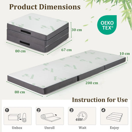 76 x 31 x 4 Inch Tri Folding Foam Mattress with Bamboo Fiber Cover and Handle-Gray