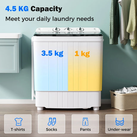 4.5 kg Portable Washing Machine Twin Tub Laundry Washer with Drain Pump-Black