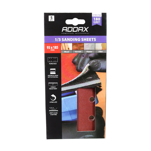 5 x TIMCO 1/3 Sanding Sheets 180 Grit Red Punched - 93 x 185mm