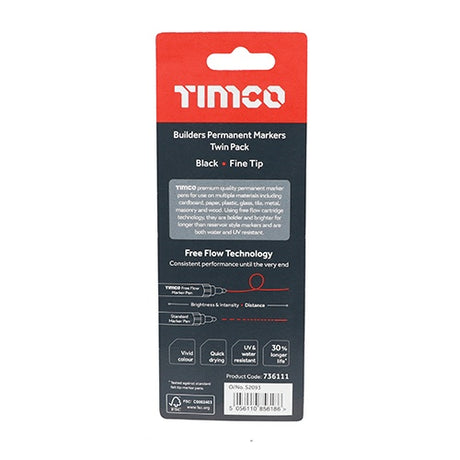 Pair of - TIMCO Builders Permanent Markers Twin Pack Fine Tip Black - Fine Tip