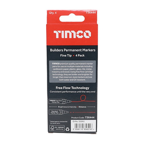 4 x TIMCO Builders Permanent Markers Fine Tip Mixed Colours - Fine Tip