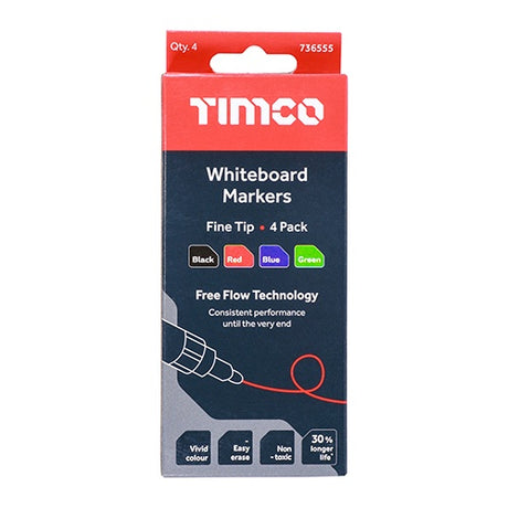 4 x TIMCO Whiteboard Markers Fine Tip Mixed Colours - Fine Tip Four Pack