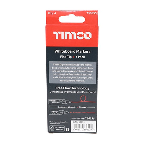 4 x TIMCO Whiteboard Markers Fine Tip Mixed Colours - Fine Tip Four Pack