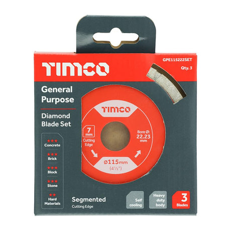 3 x TIMCO General Purpose Diamond Blade Segmented  - 115 x 22.2