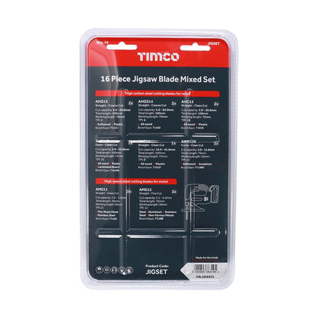 16 x TIMCO Mixed Jigsaw Set Wood & Metal Cutting HSS Blades - Mixed