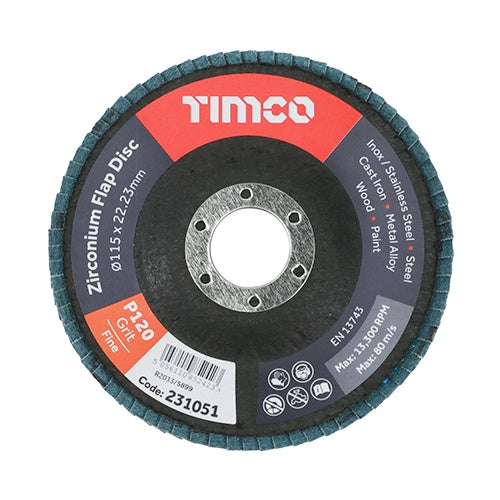 10 x TIMCO Set of Flap Discs Zirconium Type 29 Conical P120 Grit - 115 x 22.23