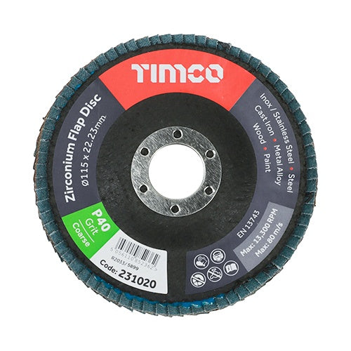 10 x TIMCO Set of Flap Discs Zirconium Type 29 Conical P40 Grit - 115 x 22.23