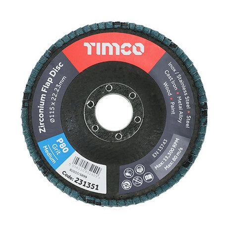 10 x TIMCO Set of Flap Discs Zirconium Type 29 Conical P80 Grit - 115 x 22.23