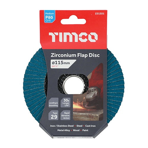 TIMCO Flap Disc Zirconium Type 29 Conical P80 Grit - 115 x 22.23