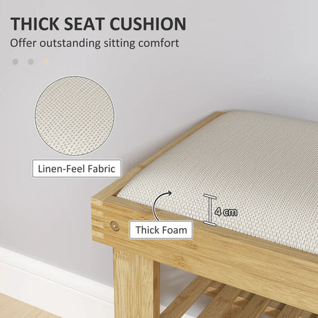 HOMCOM Bamboo Shoe Storage Bench, 3-Tier Shoe Bench with Seat Cushion, Shoe Rack for Entryway, Hallway, Living Room, Bedroom, Cream White