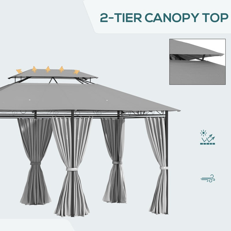 Outsunny 4m x 3(m) Metal Gazebo Canopy Party Tent Garden Pavillion Patio Shelter Pavilion with Curtains Sidewalls, Dark Grey