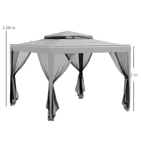 Outsunny 3 x 3 m Gazebo, Netting Party Tent, Patio Canopy Outdoor Event Shelter with Double Tier Roof, Light Grey