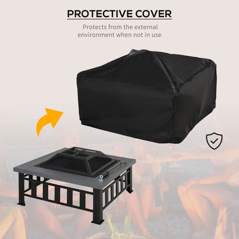 Outsunny Metal Large Firepit Outdoor Square Fire Pit Brazier w/ Rain Cover, Lid, Log Grate, Poker for Backyard, Camping, BBQ, Bonfire, Wood Burning Stove, 86 x 86 x 54cm, Black