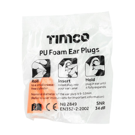 200 x TIMCO Disposable PU Ear Plugs 200 Pairs - One Size