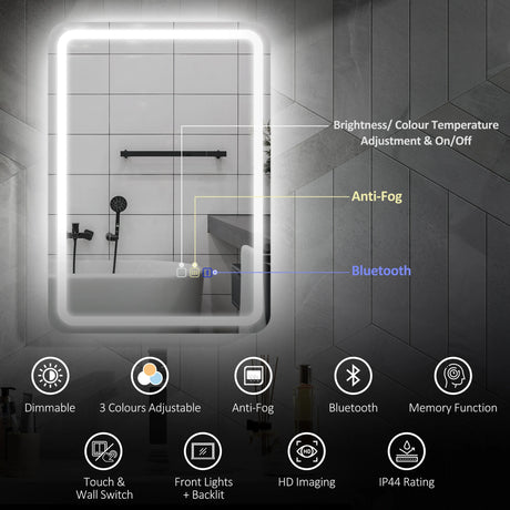 HOMCOM 70 x 50 cm Bluetooth Bathroom Mirror - Silver-Tone
