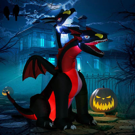 HOMCOM 7FT Tall Halloween Inflatable Dragon with 2 Heads and LED Lights, Blow Up Halloween Party Decoration for Indoor Outdoor Yard Lawn Garden