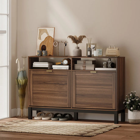 HOMCOM Shoe Cabinet with 2 Flip Drawers, Narrow Shoe Storage Top for Entryway Hallway, Rustic Brown