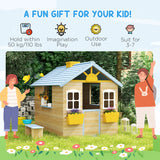 Outsunny Wooden Playhouse, Wendy House w/ Door, Bench, Flowerpot Holder, For Ages 3-7 Years, Blue