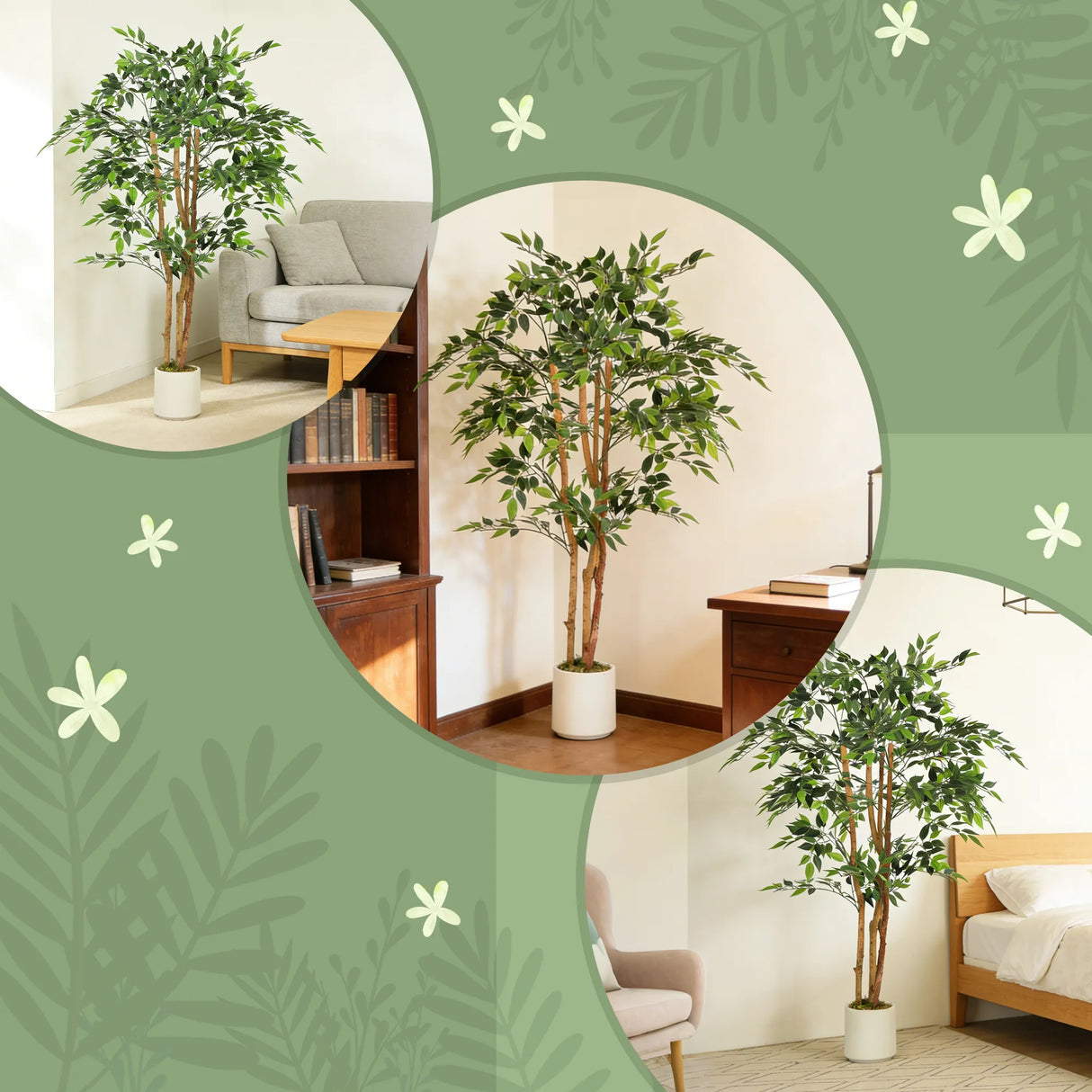 HOMCOM 150cm Artificial Ficus Tree, Fake Potted Tree with Solid Wood Trunk and Pot for Indoor, Green