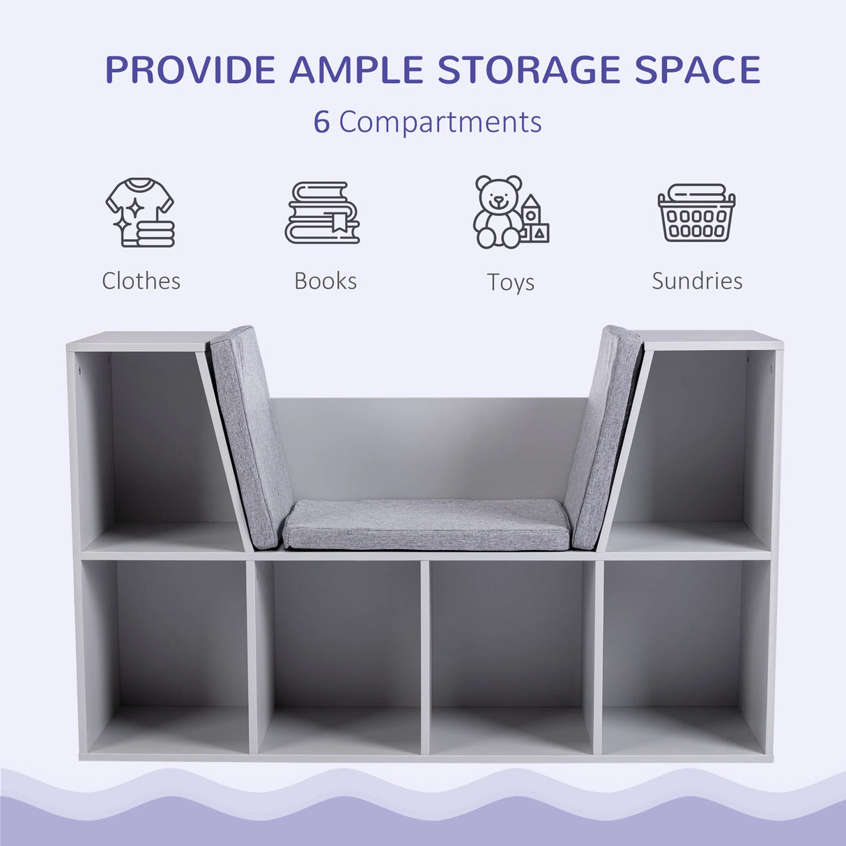 HOMCOM Kids Bookcase Shelf Storage Cabinet Unit, Living Room Sideboard w/ Six Compartments for Toys, Books - Grey