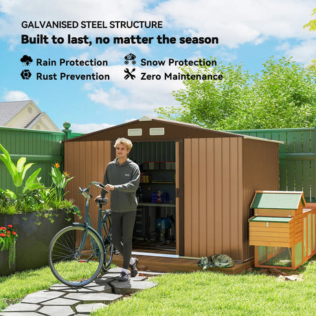 Outsunny 9 x 6ft Metal Garden Shed, Outdoor Storage Tool House with Ventilation Slots, Foundation Kit and Lockable Double Doors, Light Brown